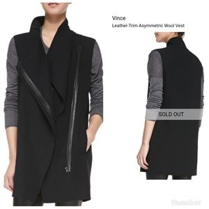 Vince Black Leather-Trim Asymmetric Wool Vest